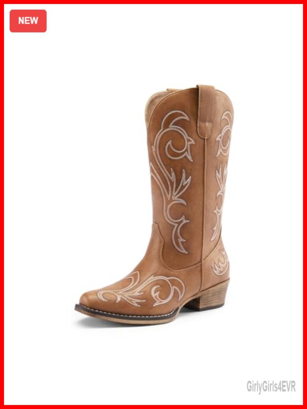 Women's Cowboy Mid Calf Boots Square Toe Embroidered Faux Leather Slip On
